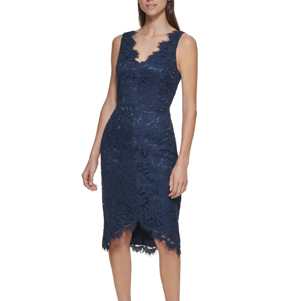 Eliza J navy blue lace shift dress sleeveless back v sheath cocktail zipper 12